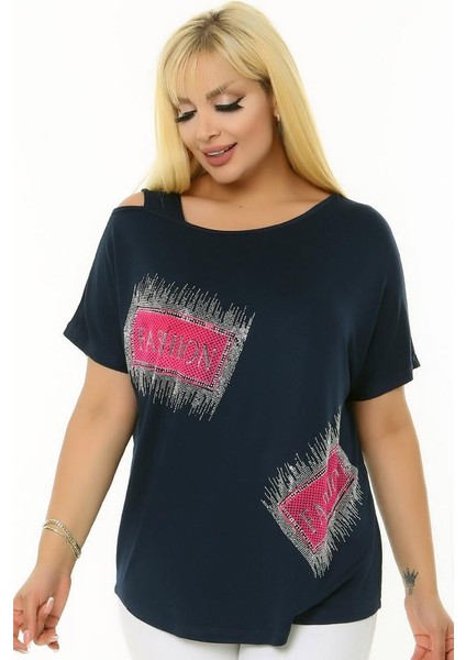 Taş Baskılı Kısa Yarasa Kol Kayık Yuvarlak Yaka Omzu Pencereli Esnek Rahat Kesim Likralı Bluz fırsatları