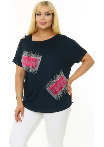 Taş Baskılı Kısa Yarasa Kol Kayık Yuvarlak Yaka Omzu Pencereli Esnek Rahat Kesim Likralı Bluz indirimleri