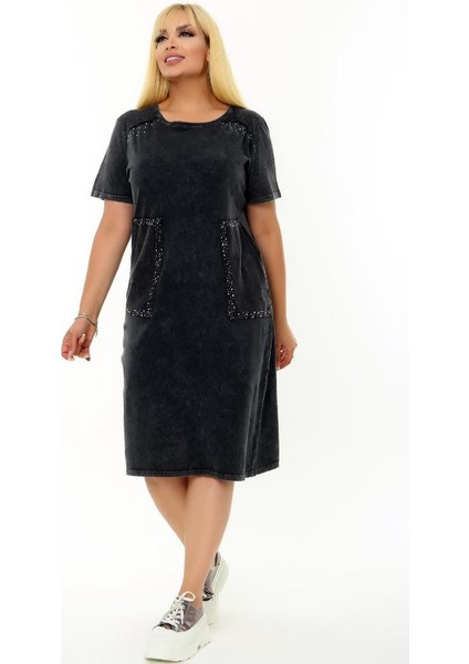 Cepleri ve Omzu Taş Baskı Detaylı Yuvarlak Yaka Kısa Kol Rahat Kesim Diz Boyu Yıkamalı Esnek Elbise fırsatları