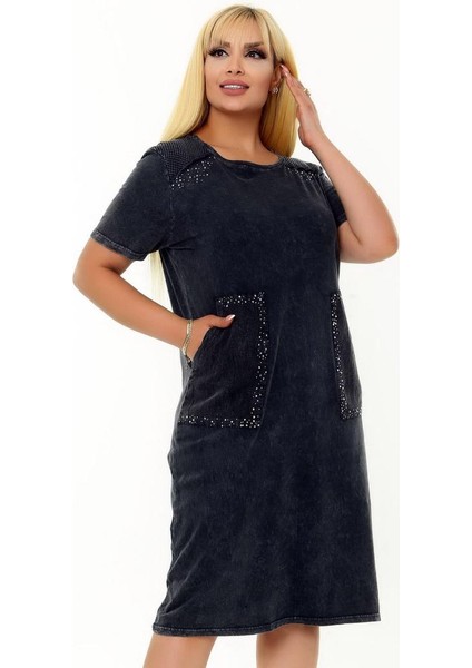 Cepleri ve Omzu Taş Baskı Detaylı Yuvarlak Yaka Kısa Kol Rahat Kesim Diz Boyu Yıkamalı Esnek Elbise indirimleri