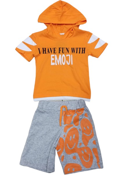 Sellfie Kids Erkek Çocuk Emoji Desenli Kapüşonlu Şortlu Takım