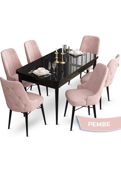 Concept Taç Serisi 80 x 132 cm Açılabilir Siyah Mermer Desen Masa Takımı 6 Sandalye Gold Halkalı