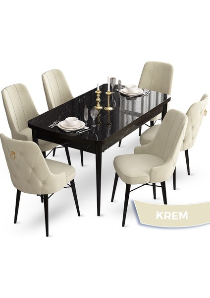 Concept Taç Serisi 80 x 132 cm Açılabilir Siyah Mermer Desen Masa Takımı 6 Sandalye Gold Halkalı indirimleri