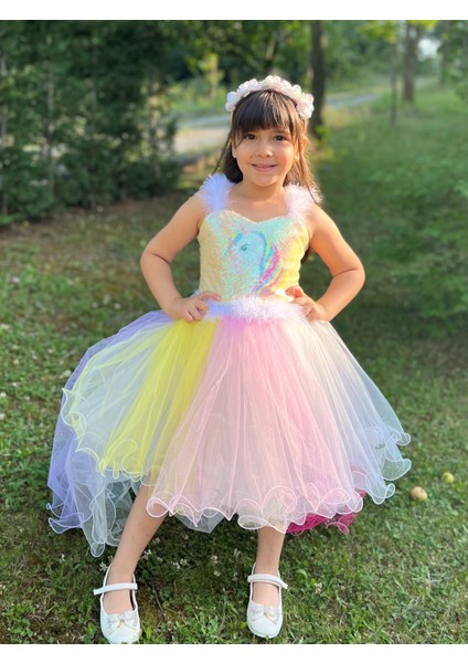 Unicorn Konsept Önü Kısa Arkası Uzun Çocuk Elbise Abiye Elbise Pony Kostümü