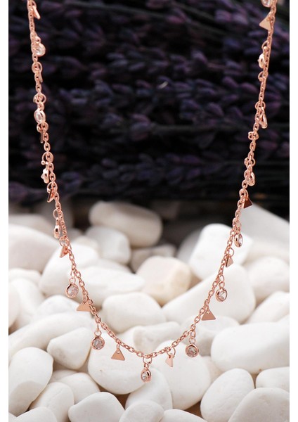 Sıra Taş ve Üçgen Rose Gümüş Choker Kolye 10