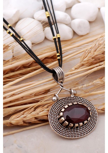 Kök Yakut Taşlı Tel Sarma Elişi Gümüş Kolye 37