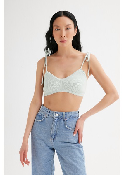 Omuzu Bağlamalı Crop Triko Bluz