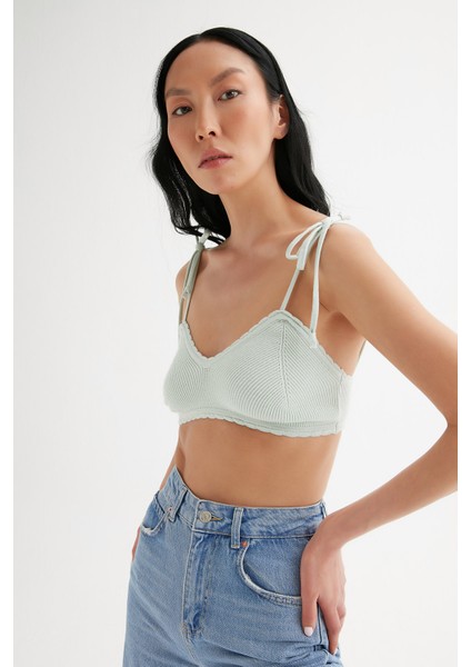 Omuzu Bağlamalı Crop Triko Bluz