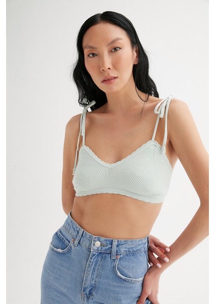 Omuzu Bağlamalı Crop Triko Bluz