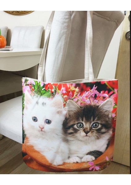 Kedi Baskılı Kumaş Heybe Çanta
