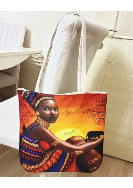 Afrikalı Kadın Baskılı Kumaş Heybe Çanta