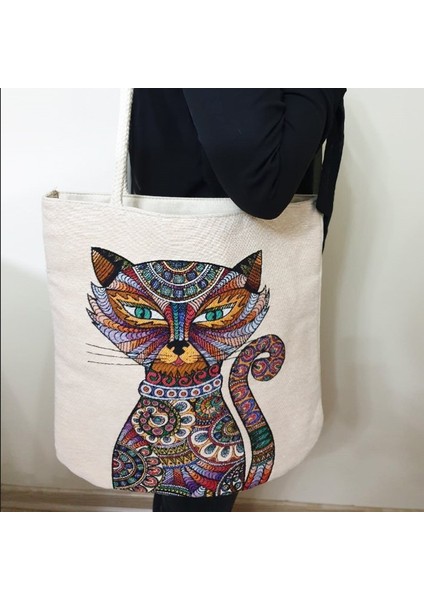 Kedi Goblen Dokuma Kumaş Heybe Çanta