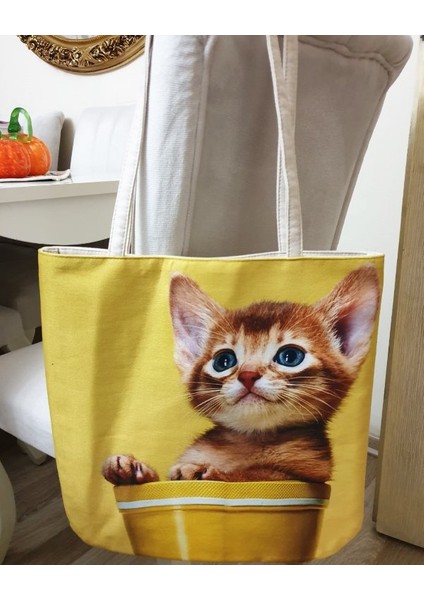 Kedi Baskılı Kumaş Heybe Çanta