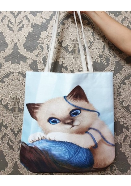 Kedi Baskılı Kumaş Heybe Çanta