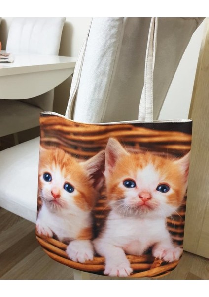 Kedi Baskılı Kumaş Heybe Çanta