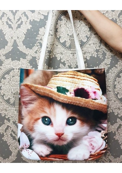Kedi Baskılı Kumaş Heybe Çanta