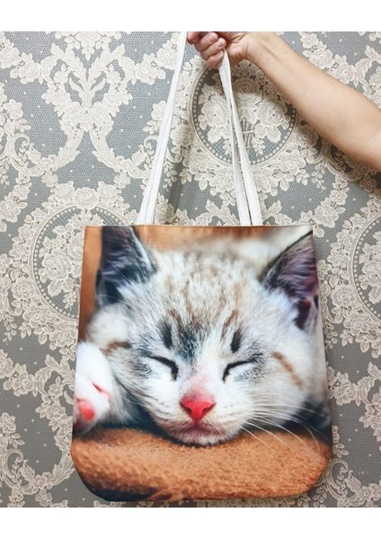 Kedi Baskılı Kumaş Heybe Çanta