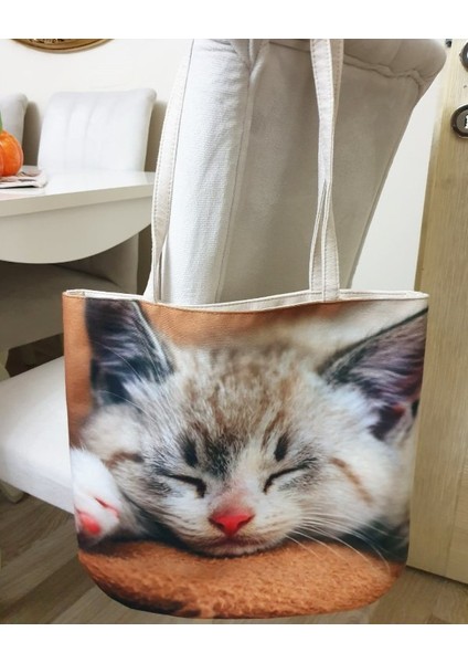 Kedi Baskılı Kumaş Heybe Çanta