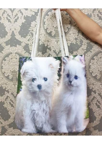Kedi ve Köpek Baskılı Kumaş Heybe Çanta