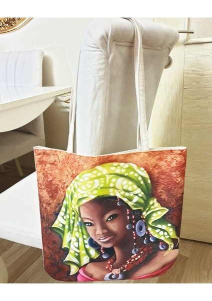 Afrikalı Kadın Baskılı Kumaş Heybe Çanta