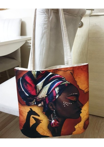 Afrikalı Kadın Baskılı Kumaş Heybe Çanta