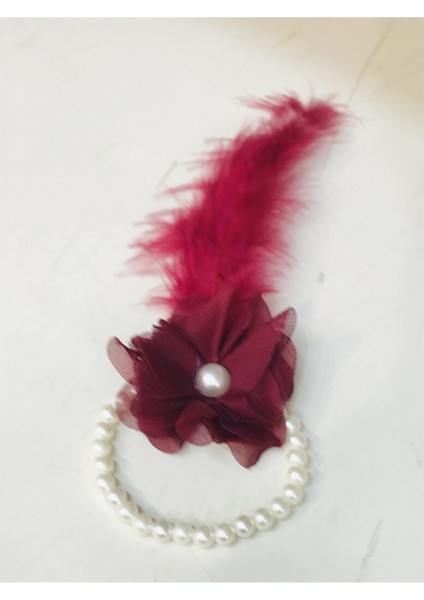 Nedime Incili Tüylü Bileklik 12 Adet Bordo Renk
