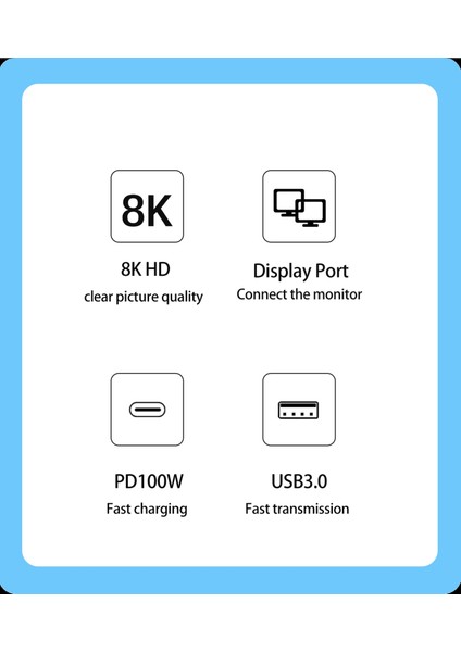 Type C To 8k 60Hz 4K-120 Hz Display Port- USB 3.0 - USB C Dişi 100W Çevirici