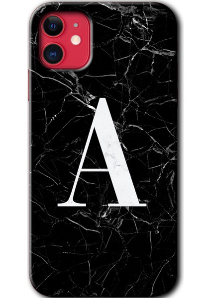 iPhone 11 Kılıf Hd Desen Baskılı Arka Kapak - Siyah Mermer Desenli A Harfi