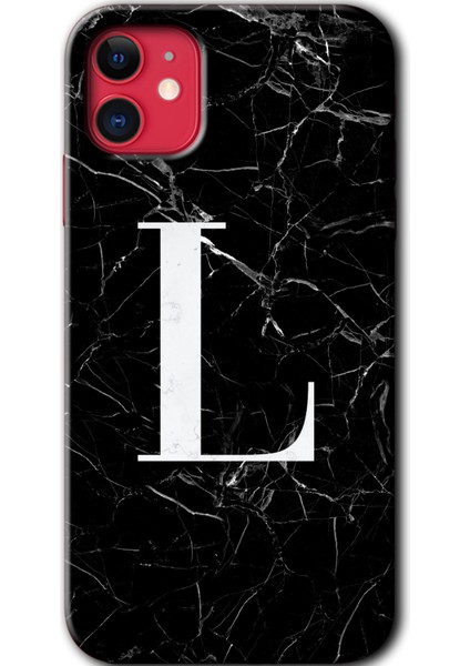 iPhone 11 Kılıf Hd Desen Baskılı Arka Kapak - Siyah Mermer Desenli L Harfi