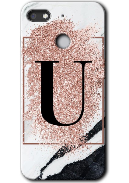General Mobile Gm 8 Go Kılıf Hd Desen Baskılı Arka Kapak - Pembe Mermer Desenli U Harfi