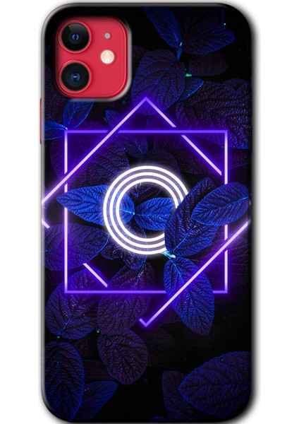 iPhone 11 Kılıf Hd Desen Baskılı Arka Kapak - Dark Neon Yaprak O Harfi