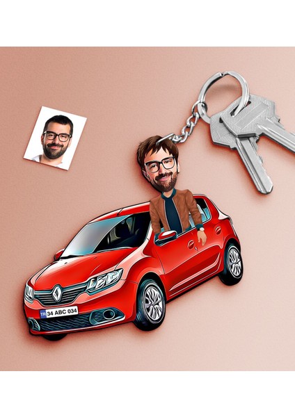 Kişiye Özel Bay Renault Sandero Figürlü Plakalı Ahşap Karikatür Anahtarlık