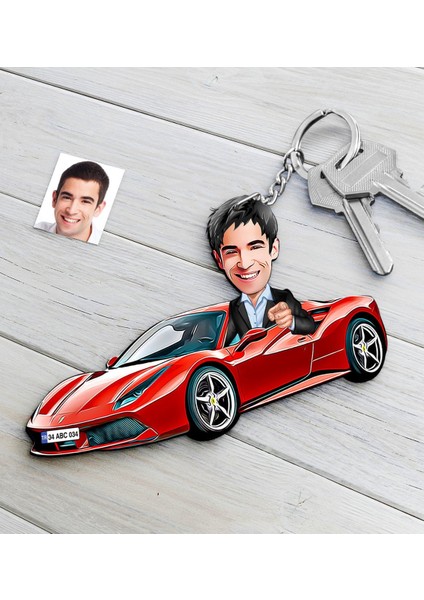 Kişiye Özel Bay Ferrari F12 Figürlü Plakalı Ahşap Karikatür Anahtarlık