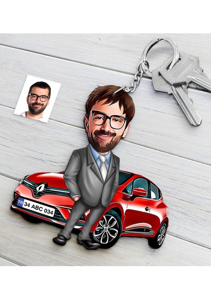 Kişiye Özel Bay Renault Clio Figürlü Plakalı Ahşap Karikatür Anahtarlık-1