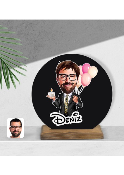 Kişiye Özel Erkek Doğum Günü Karikatürlü Yuvarlak Ahşap Biblo-3