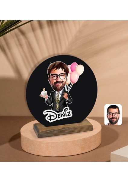 Kişiye Özel Erkek Doğum Günü Karikatürlü Yuvarlak Ahşap Biblo-3 fiyatları