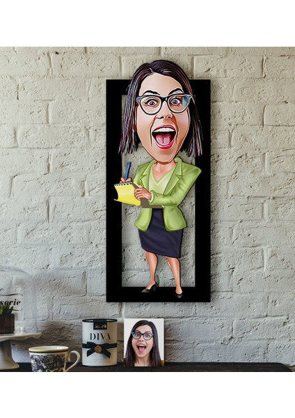 Kişiye Özel Sekreter Karikatürlü 3D Ahşap Tablo