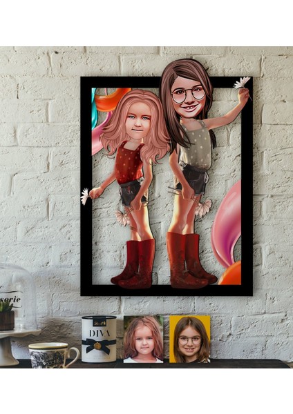 Kişiye Özel Kız Kardeşler Karikatürlü 3D Ahşap Tablo-5