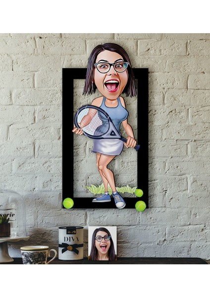 Kişiye Özel Bayan Tenis Oyuncusu Karikatürlü 3D Ahşap Tablo-1