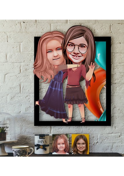 Kişiye Özel Kız Kardeşler Karikatürlü 3D Ahşap Tablo-6