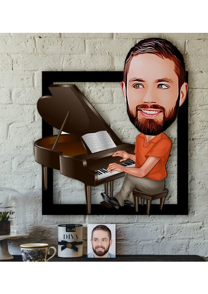 Kişiye Özel Bay Piyanist Karikatürlü 3D Ahşap Tablo
