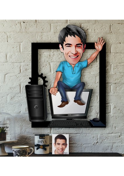 Kişiye Özel Bay Bilgisayar Mühendisi Karikatürlü 3D Ahşap Tablo