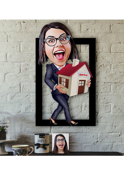 Kişiye Özel Bayan Emlakçı Karikatürlü 3D Ahşap Tablo-1
