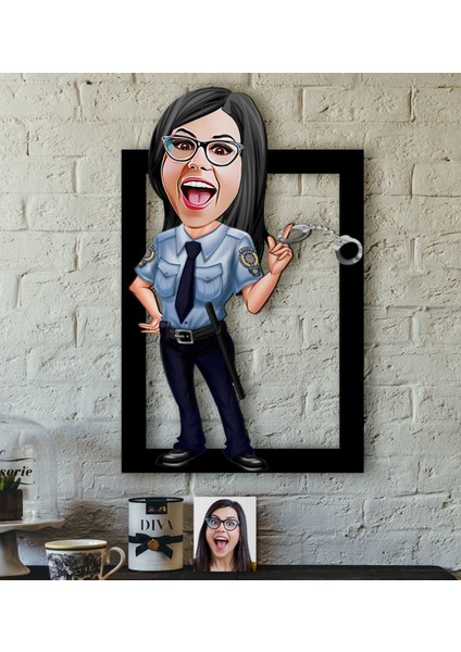 Kişiye Özel Bayan Polis Karikatürlü 3D Ahşap Tablo-1