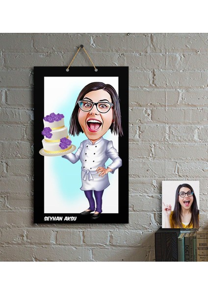 Kişiye Özel Bayan Pasta Şefi Karikatür Ahşap Tablo - 1