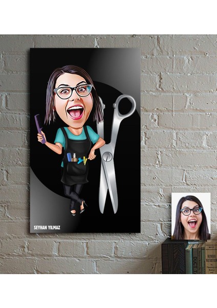 Kişiye Özel Bayan Kuaför Karikatür Ahşap Tablo - 1