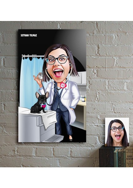 Kişiye Özel Bayan Veteriner Hekim Karikatür Ahşap Tablo - 1