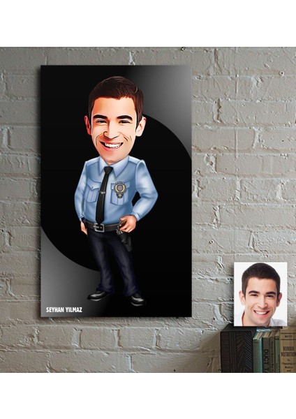 Kişiye Özel Bay Polis Karikatür Ahşap Tablo - 1