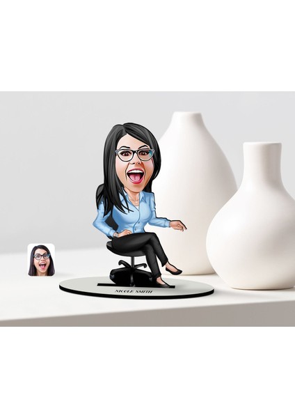 Kişiye Özel Bayan Patron Karikatür Ahşap Biblo - 2