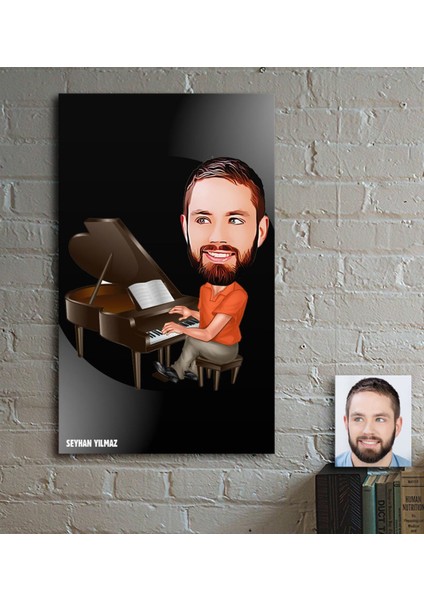 Kişiye Özel Bay Piyanist Karikatür Ahşap Tablo - 1